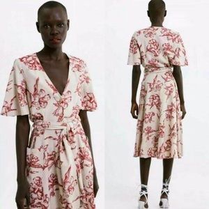 Zara Beige & Red Floral V-Neck Linen Flutter Sleeve Midi Dress Size Large